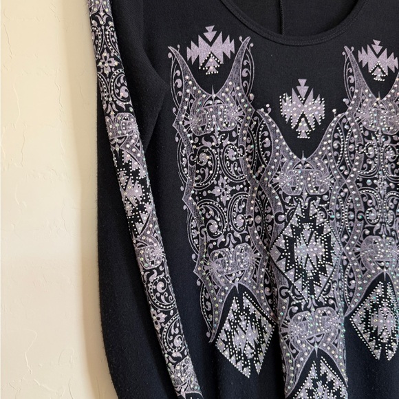 Vocal Knit Aztec Bling Jeweled Black Long Sleeve Tunic Dress Women XL - Picture 2 of 7